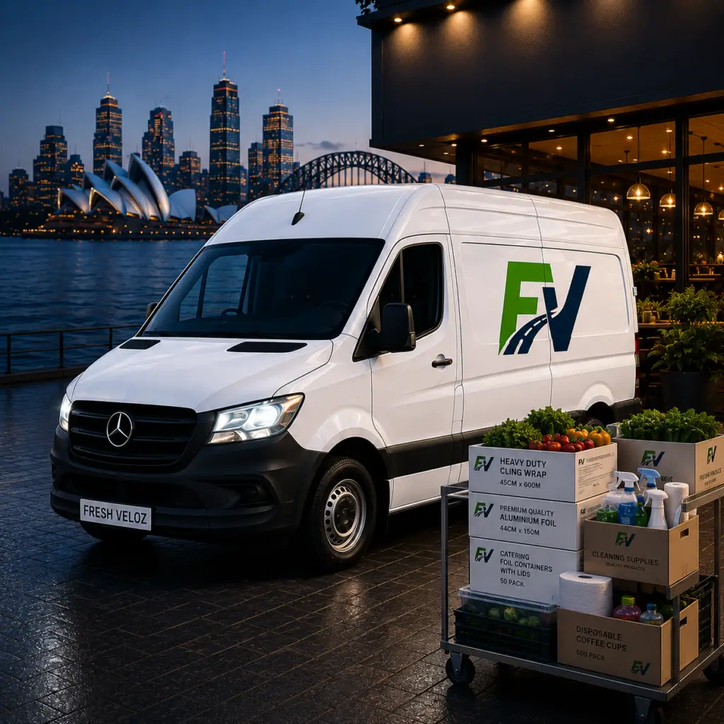 Fresh Veloz delivery van outside a Sydney restaurant providing hospitality, food, catering and last-mile logistics services.